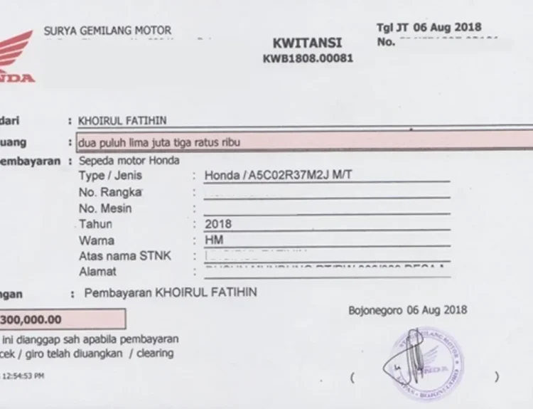 contoh kwitansi jual beli motor