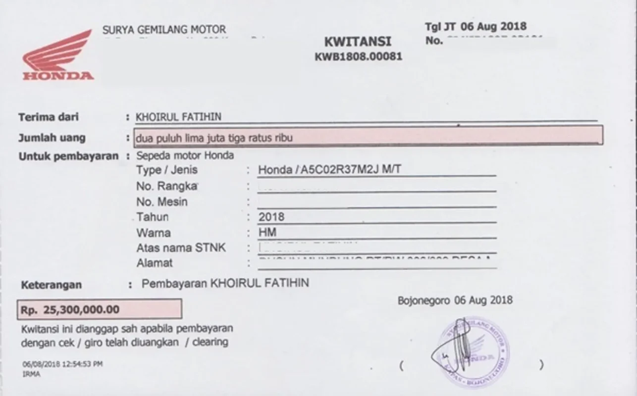 contoh kwitansi jual beli motor